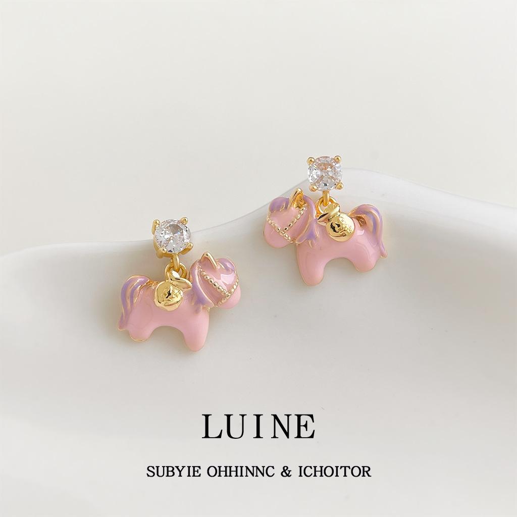 Original gentle, sweet and cute pink pony high value S needle zircon painted enamel drop glaze earrings