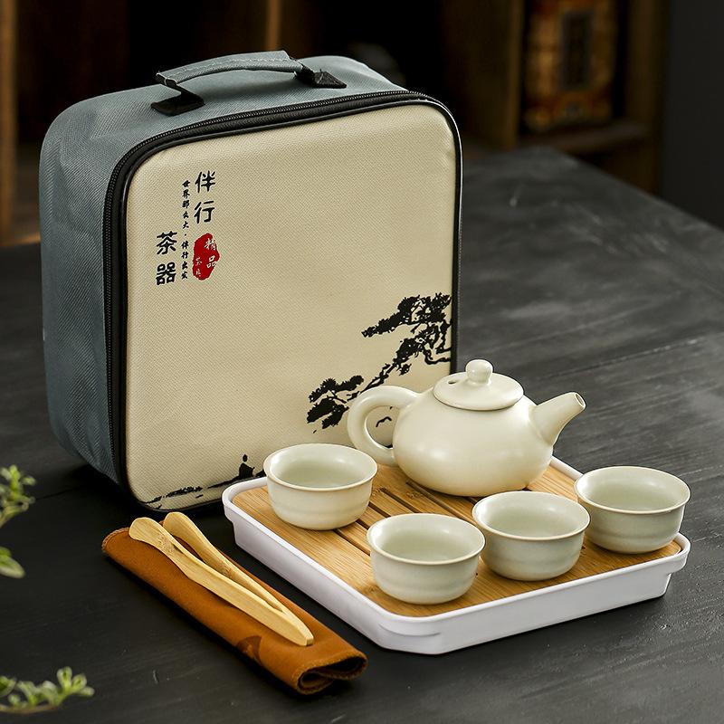 All the best travel tea set beige Ru kiln retro ceramics outdoor portable express cup kung fu business gifts