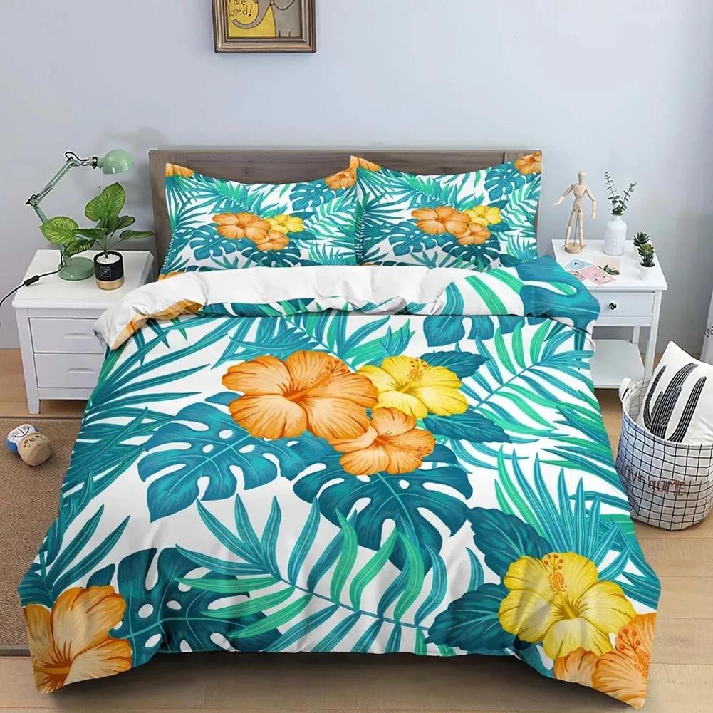 Tropical Flower Leaf Duvet Cover King Queen Colorful Vintage Floral Bedding Set for Adults Women Boho Polyester Comforter Cover