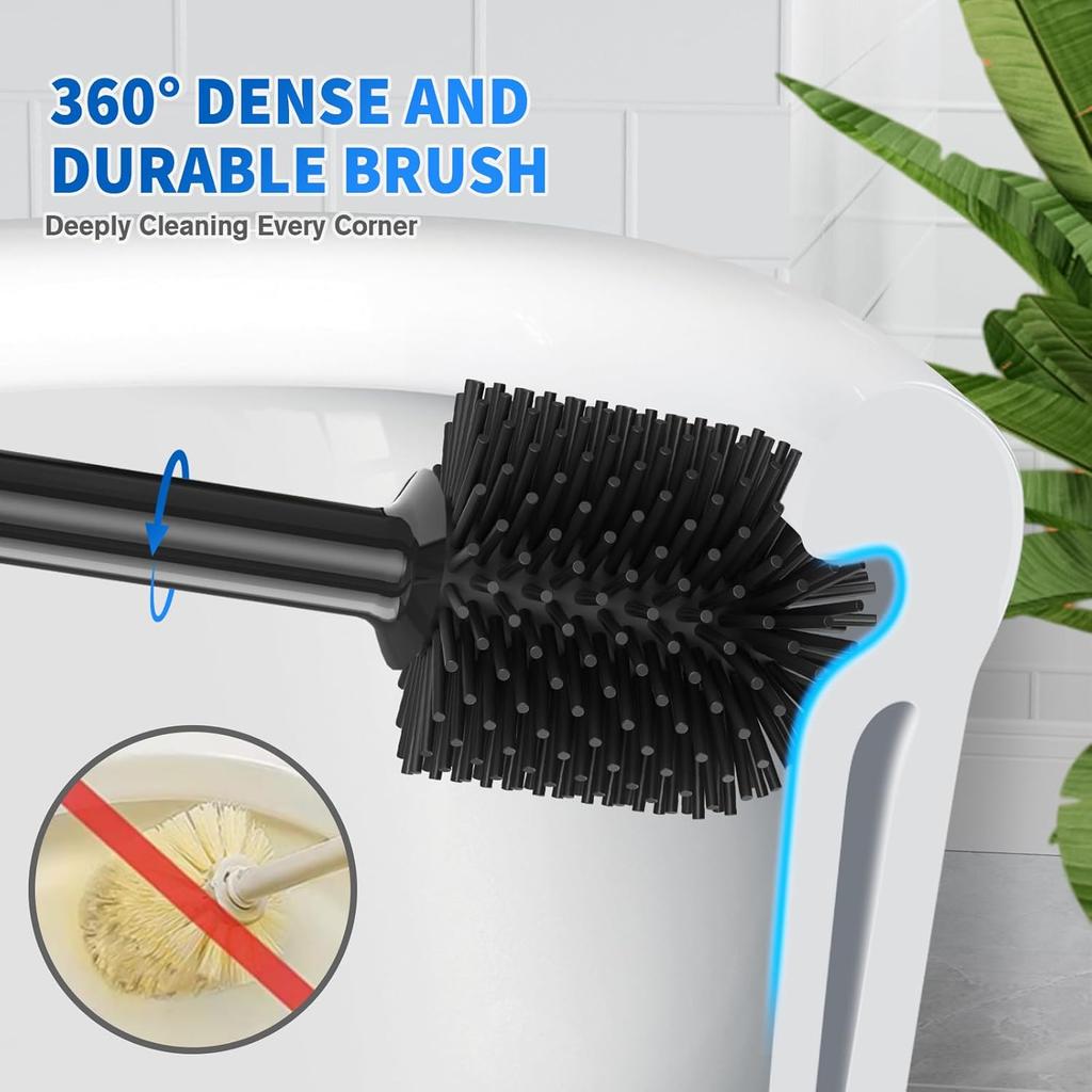 Toilet Plunger and Brush, Silicone Bowl Brush and Heavy Duty Toilet Plunger Set with Ventilated Holder, 2-in-1 Toilet Brush and Plunger Combo for