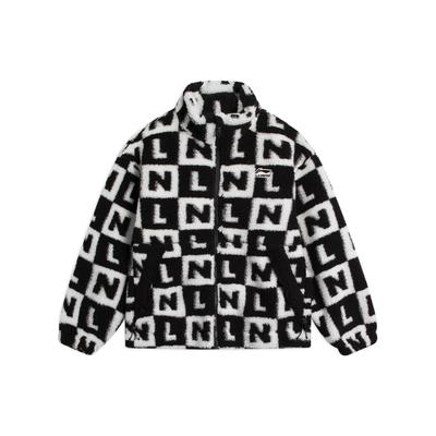 Li Ning Sports Lifestyle Series Logo All Over Print Letter Zipper Stand Collar Loose Long Sleeve Jacket Men Jacket Black Pearl-White AFDSC01-2