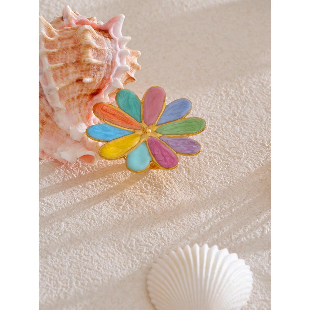 Eetit Trendy Colorful Enamel Flower Y2K Golden Ring for Women Summer Daily Stainless Steel Trendy Adjustable Finger Jewelry Gift