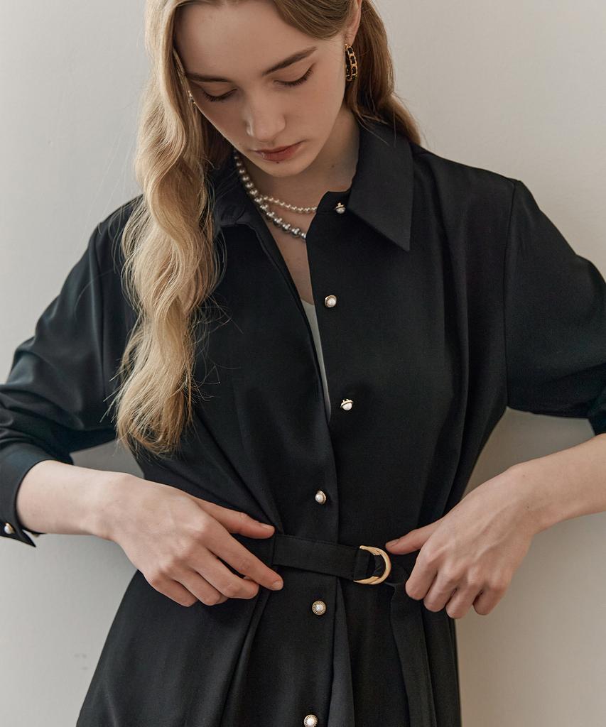 MAXZA Asymmetrical Drape Belted Shirt Dress