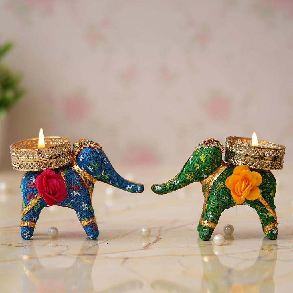 Blue and Green Elephant Decorative Tea Light Candle Holders (Set of 2) - Exquisite Home Decor for Living Rooms