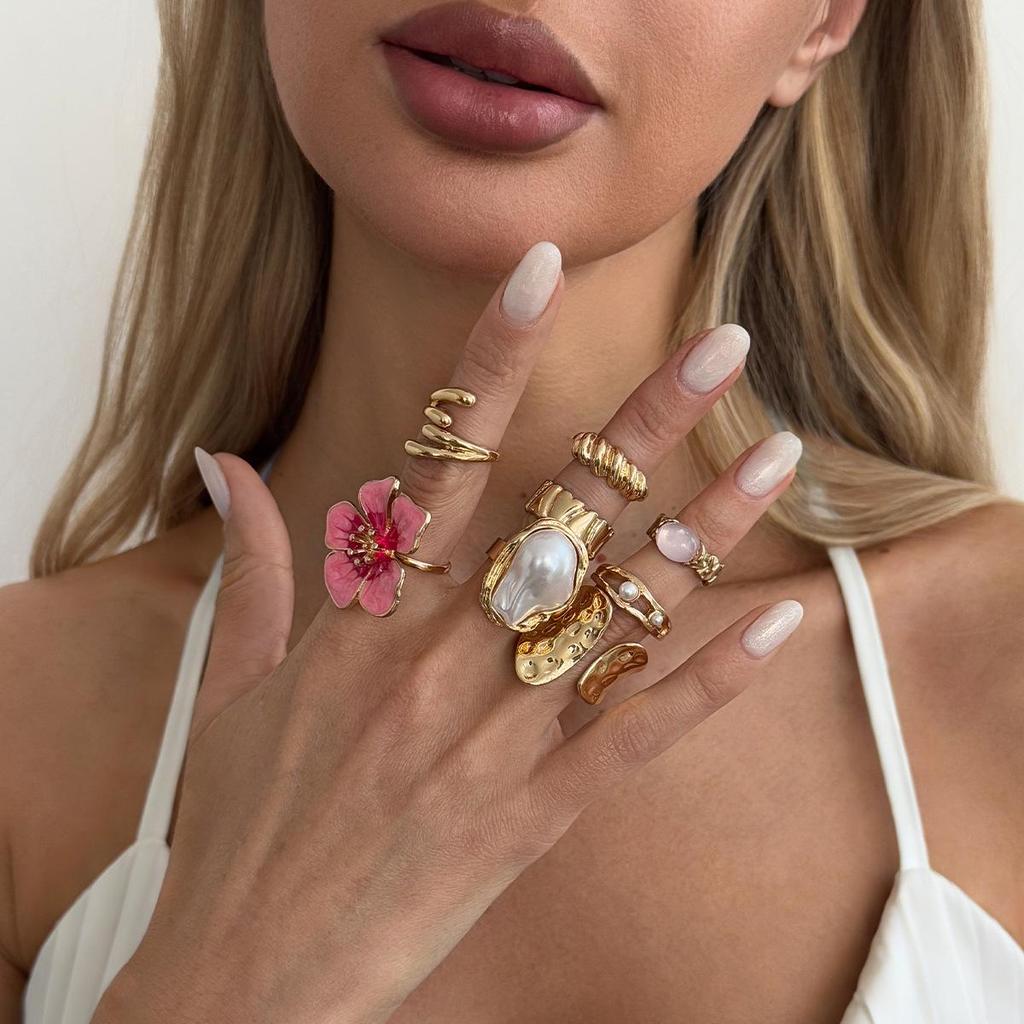 European & American Pearl Hollow Irregular Ring with Rhinestones & Flower Knuckle Design