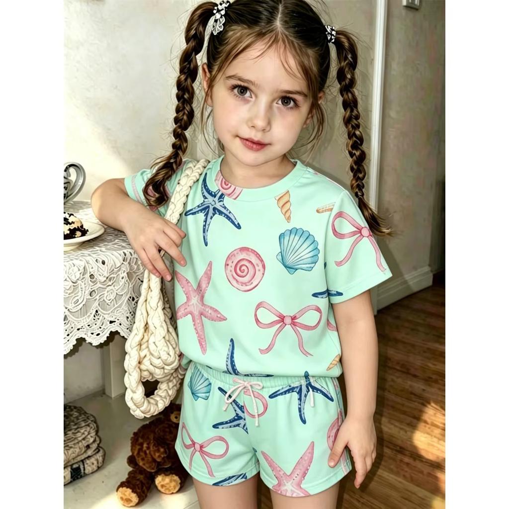 Girls Crew Neck Short Sleeve Matching Shorts Set Sea Star Shell Bow Print Soft Breathable Kids Daily Casual Summer Outfit Ages