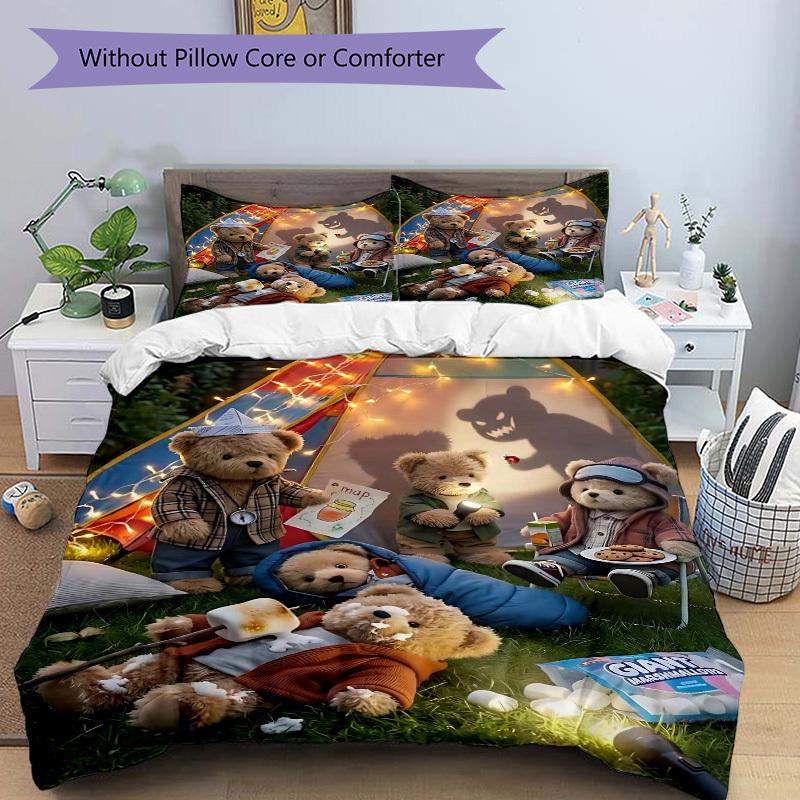 3pcs Anime Teddy Bear Camping Bedding Set - Includes One Quilt Cover and Two Pillowcases (No Core) - Perfect for Bedroom and Guest Room Deco