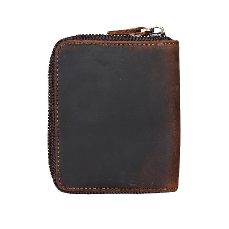 Crazy Horse Leather Men's Zipper Wallet Vertical Full Leather Money Clip Layer Leather Retro Handmade Silver Bag