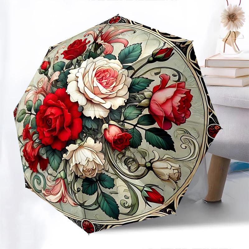 Roses,Stained Automatic Folding Umbrella Compact 8 Rib Design,Unique Style,Suitable for Everyday Outdoor Use,Perfect Gift for Friends