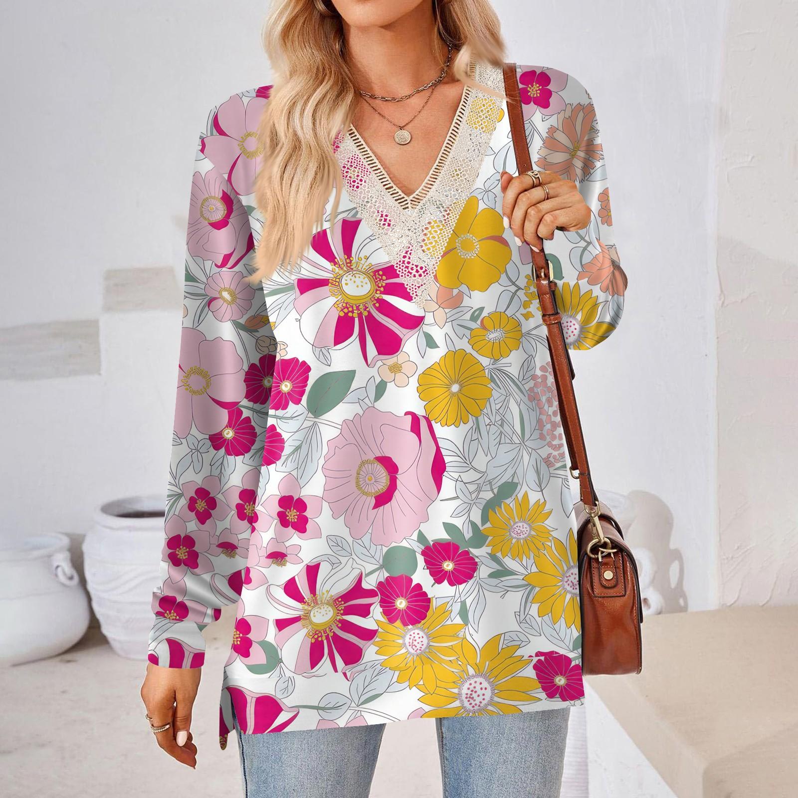 

Womens Tops Loose V-neck Contrast Color Split Loose Long Sleeve T-shirt Women s Tops XL рожевий