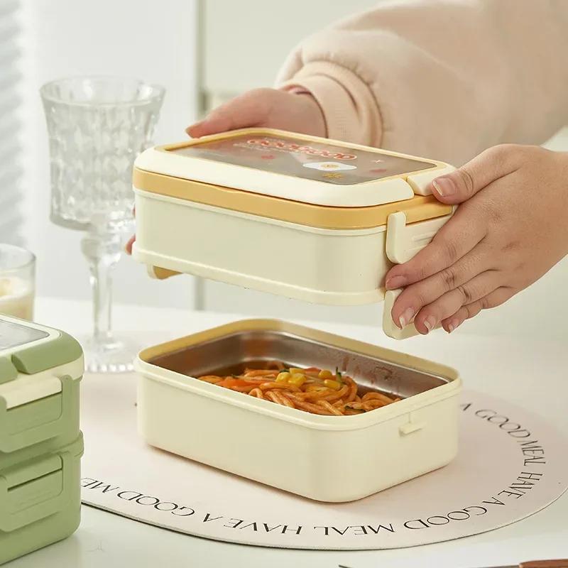 Cute Double-layer Lunch Box Stainless Steel Thermal Insulation Lunch Box with Handle Sealed Leak Proof Outdoor Picnic Bento Box