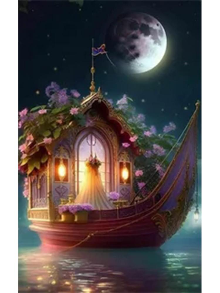 5D DIY Malowanie Diamentowe Wymarzony Kwiat i Trawa Łódź Krajobraz Księżyc Mozaika Krajobraz Haft Krzyżykowy Dekoracja Domu