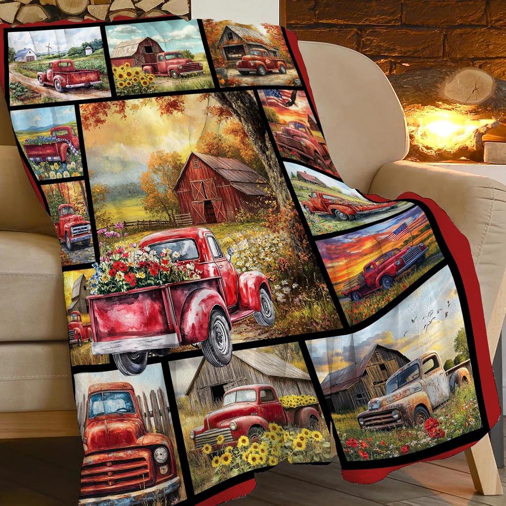 Red Trucks Blanket Gifts for Girls Boys Women Farm Flower Throw Blankets Farmhouse Old Barn Throws Truck Fleece Flannel Soft Lig