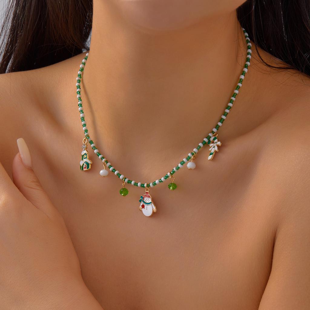 Christmas Necklaces for Women Girls Handmade Rice Beads X'mas Tree Santa Claus Snowman Gift Necklace Pendant New Year Jewelry