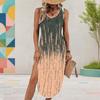 Women Plus Size U Neck Sleeveless Abstract Print High Side Slit Curved Hem Dress