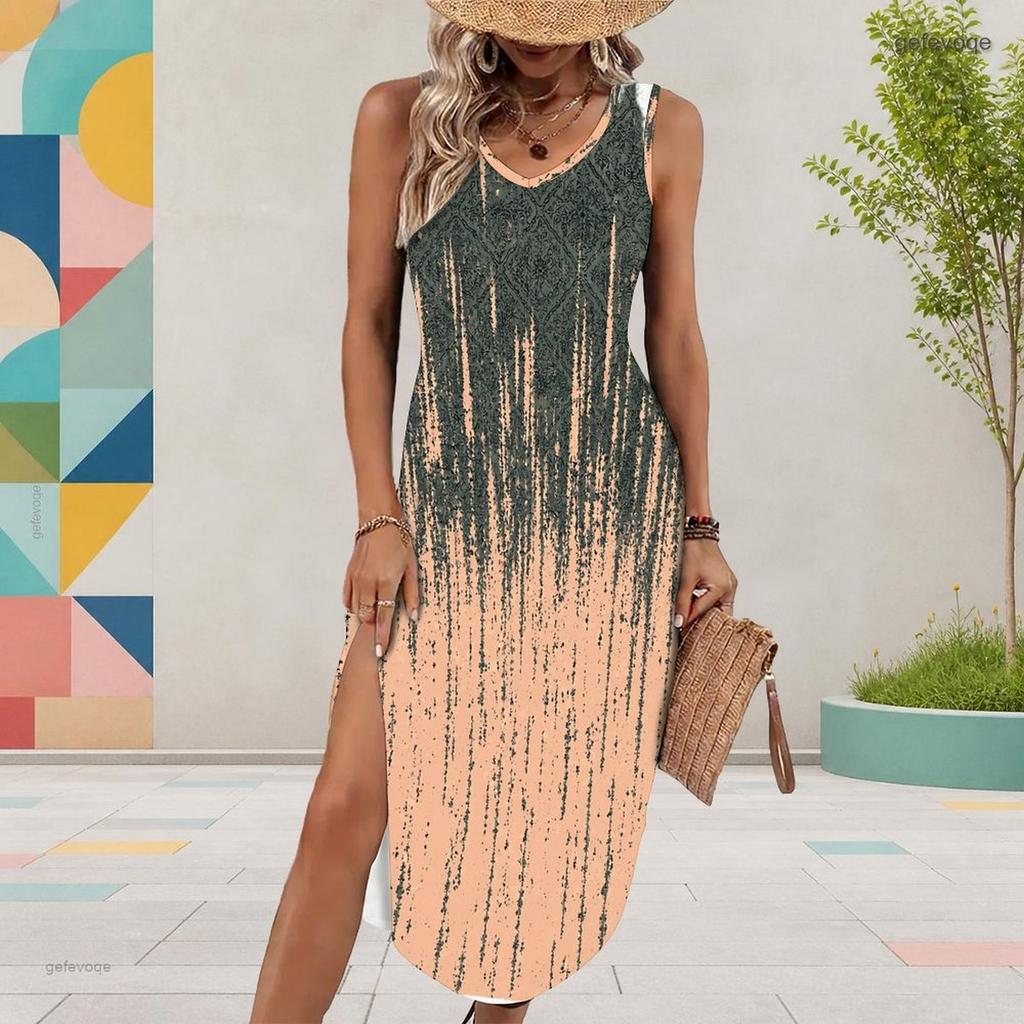 Women Plus Size U Neck Sleeveless Abstract Print High Side Slit Curved Hem Dress