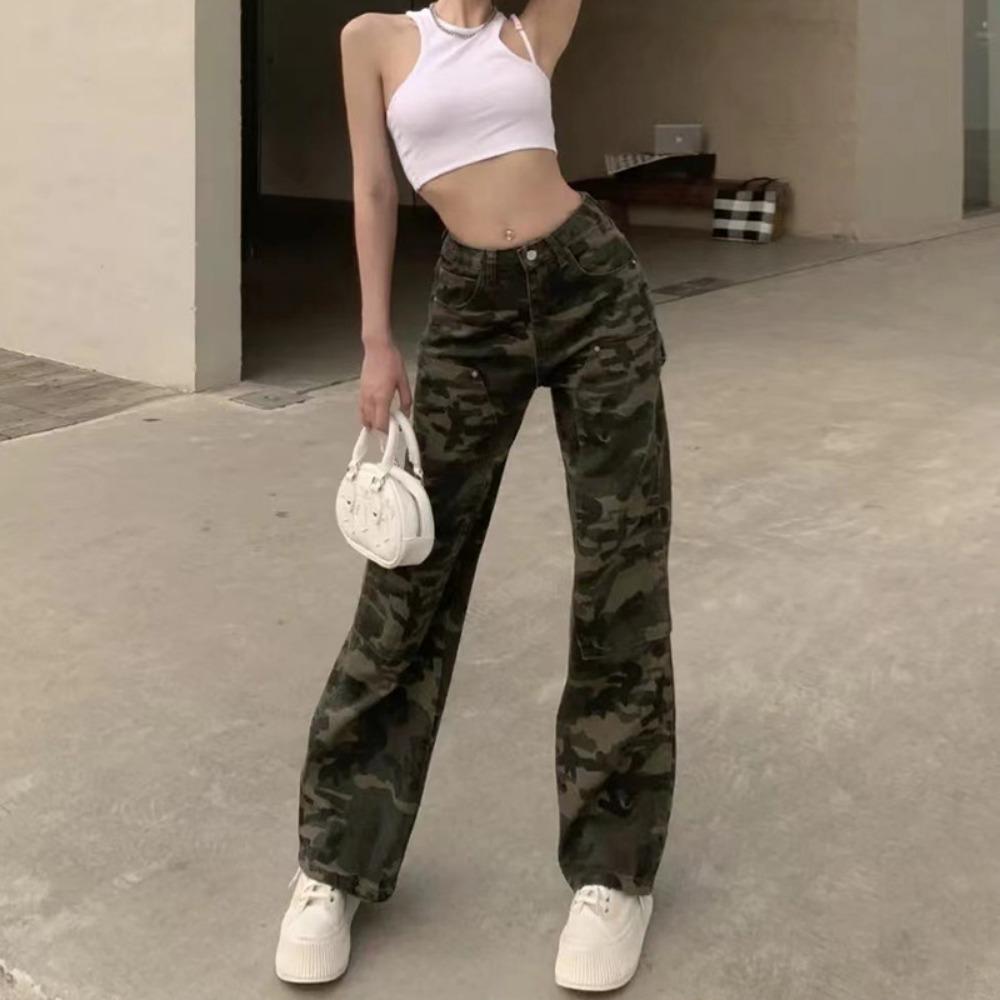 

High Street Tooling Camouflage Jeans Women s Spring and Autumn New High Waist Loose Straight Wide Legs Skinny Pants Tide 2XL