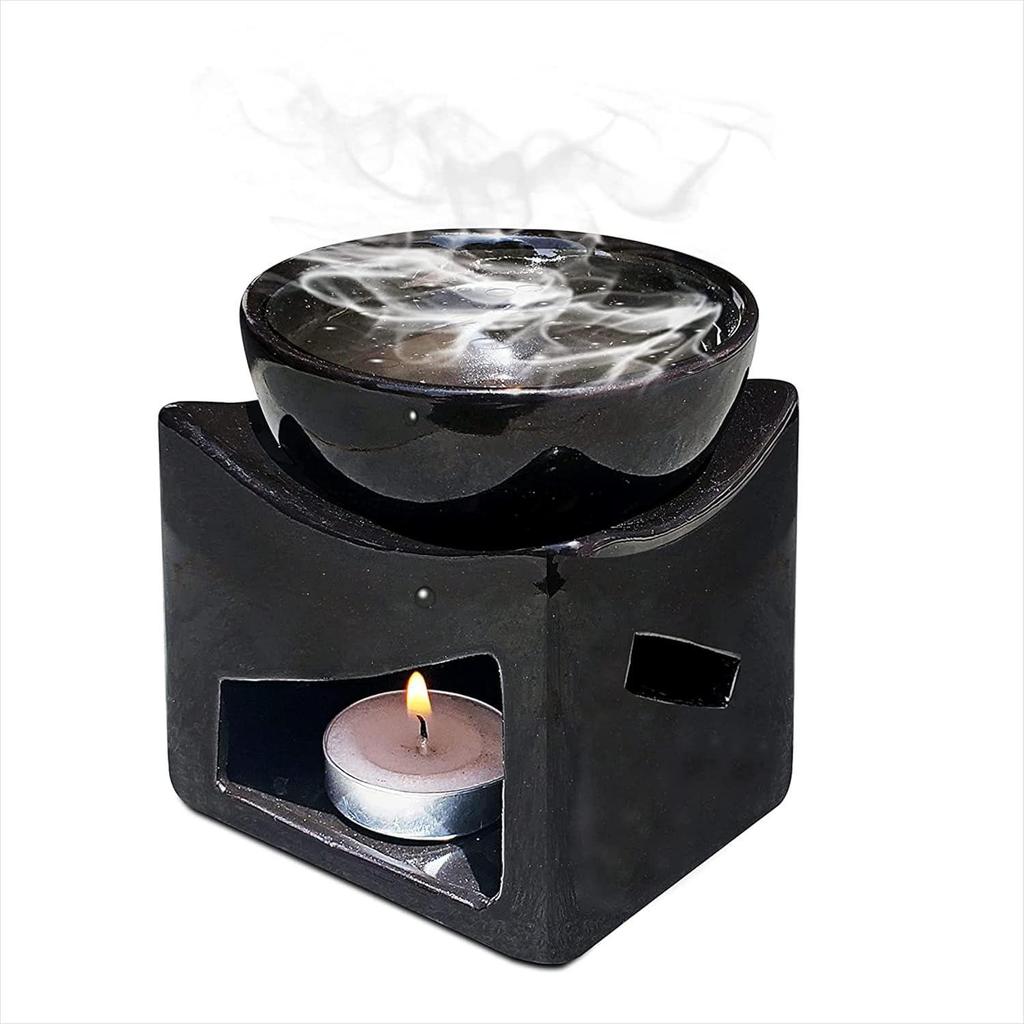 Ceramic Clay Candle Operated Aroma Burner Oil Diffuser, Extra Large Bowl, with 1 Tealight, 4.25 Inch, (Black)