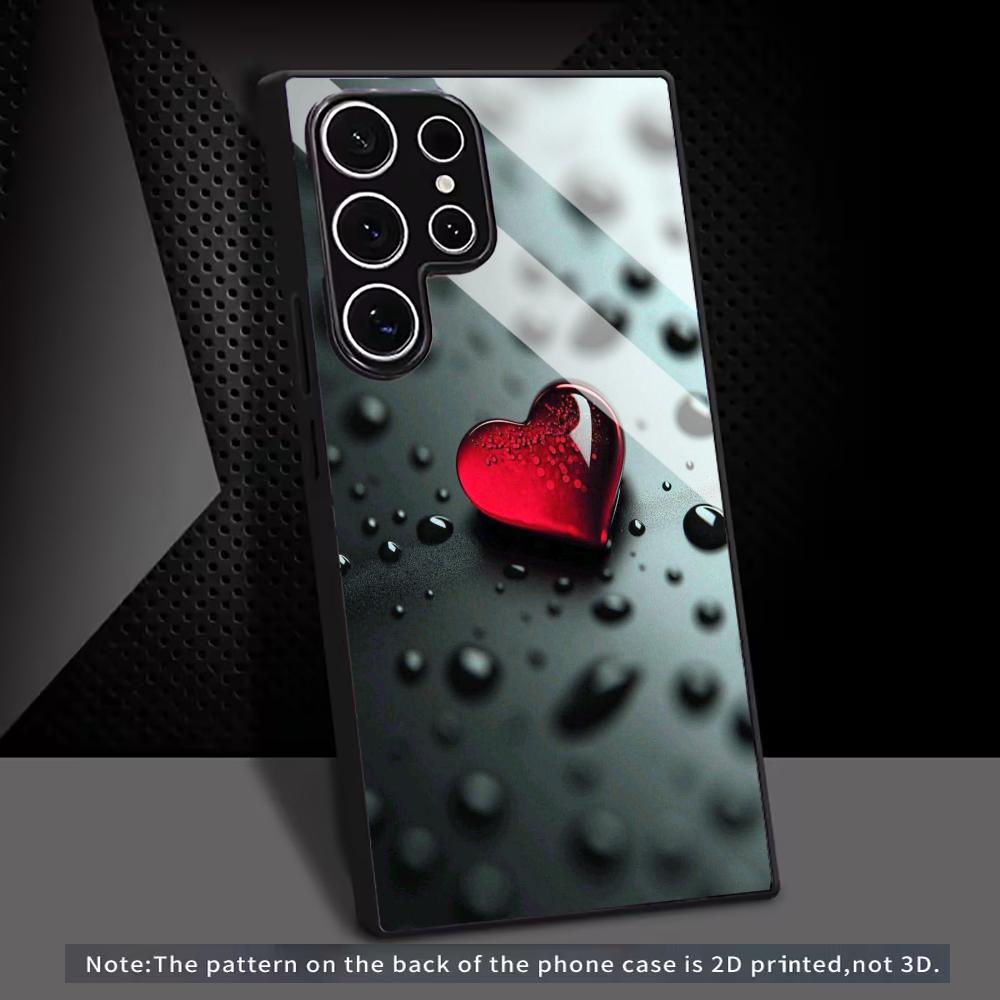 Raindrops and Hearts  glass Phone Case For Samsung Galaxy S26 S25 S24 S22 S23 Ultra S21 S20 Plus 5G  Non-Slip Full Cover