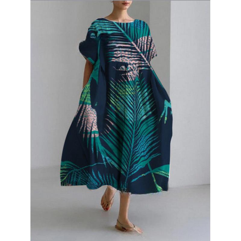 Damen Sommer Übergröße Gestreiftes Print Maxikleid, Lässiges Lockeres Rundhals Kurzarm Oversized A-Linien-Kleid