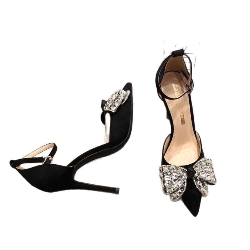 Rhinestone bow bag head sandals new beige stiletto high heels elegant French pointed shoes