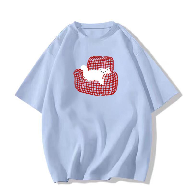 Women's Round Neck Short Sleeve Cotton T-Shirt Loose Fit Cute Cat Print Casual Summer Top