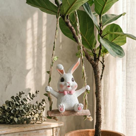 Rabbit on A Swing Ornament Durable Resin Waterproof Hanging Decor with Hemp Rope And Leaf Design Pendant for