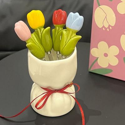 Tulip Shape Fruit Forks Set Ins Style Ceramic Jar Stainless Steel Fork Decorative Creative Dessert Forks with Storage Jar
