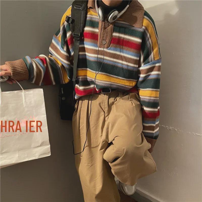 "Men's Retro Japanese Rainbow Striped Knit Pullover - Loose Fit, Lazy Style, Spring Sweater Top"