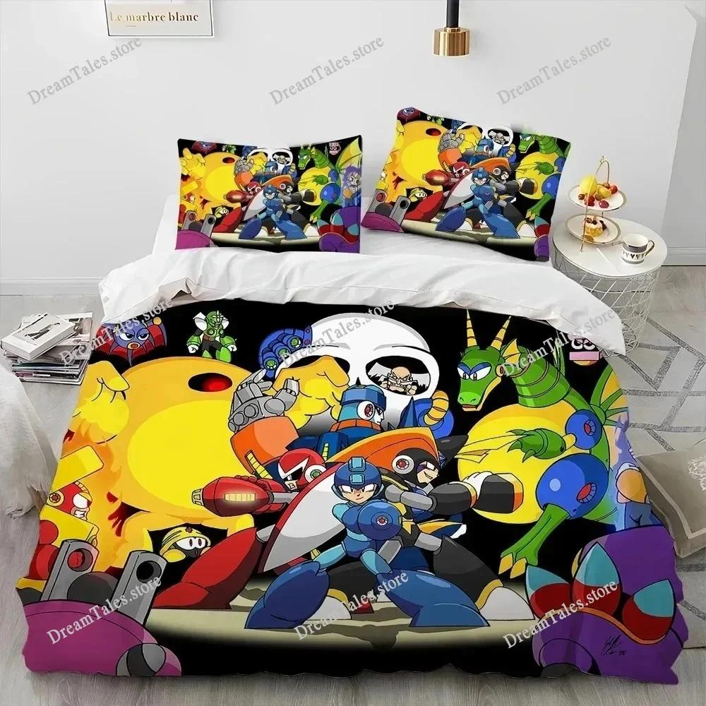 Set Biancheria da Letto Copripiumino 3D Rockman Megaman Gioco Cartone Animato, Copripiumino Set Letto Coperta Federa, Set Biancheria da Letto Matrimoniale Queen Size Bambino