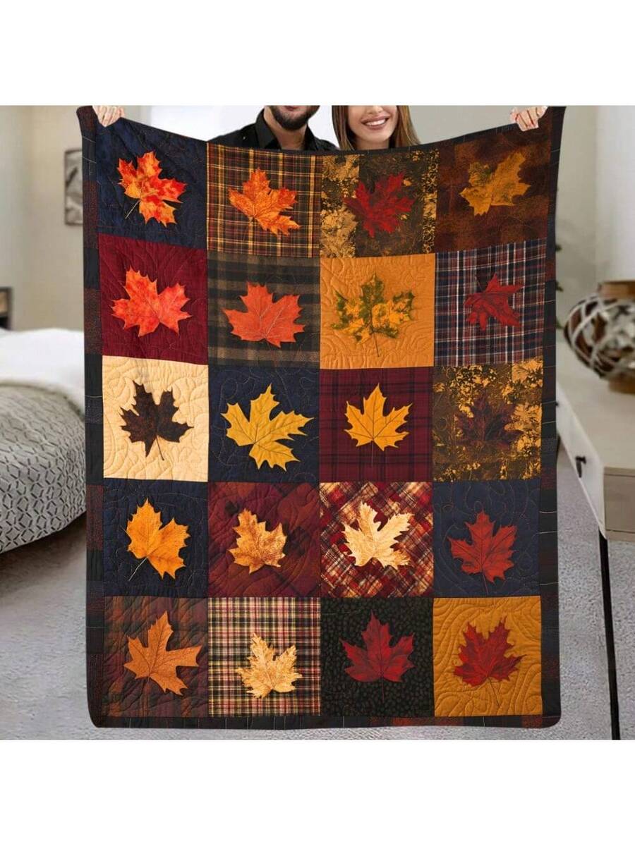 

Autumn Leaves Patchwork Flannel Throw Blanket, Lodge Style Knitted Polyester Digital Print, All Season Cozy Soft for Home Decor 30x40in