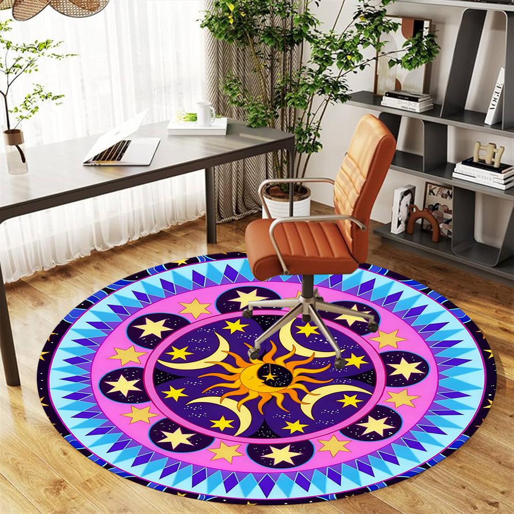 1pc Sun Moon Stars Round Chair mat office Area Rug - Non-Slip, Floor Mat for Office, Bedroom, Ideal home decor gift p0105030
