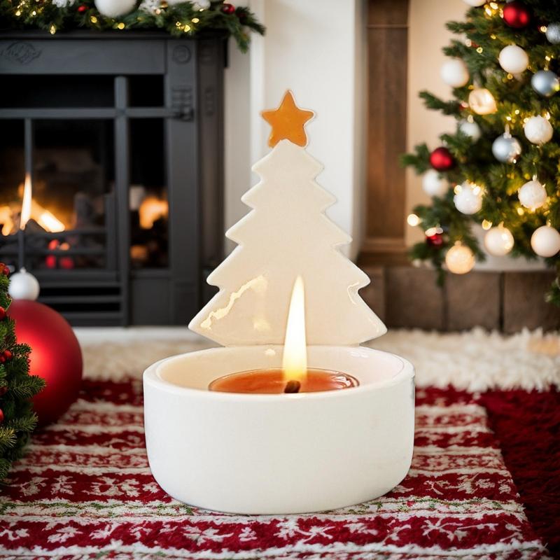 Christmas Tree Candle Holder Tree Decorative Craft Ceramic Tabletop Candlestick For Christmas Home Mantle Winter Holiday