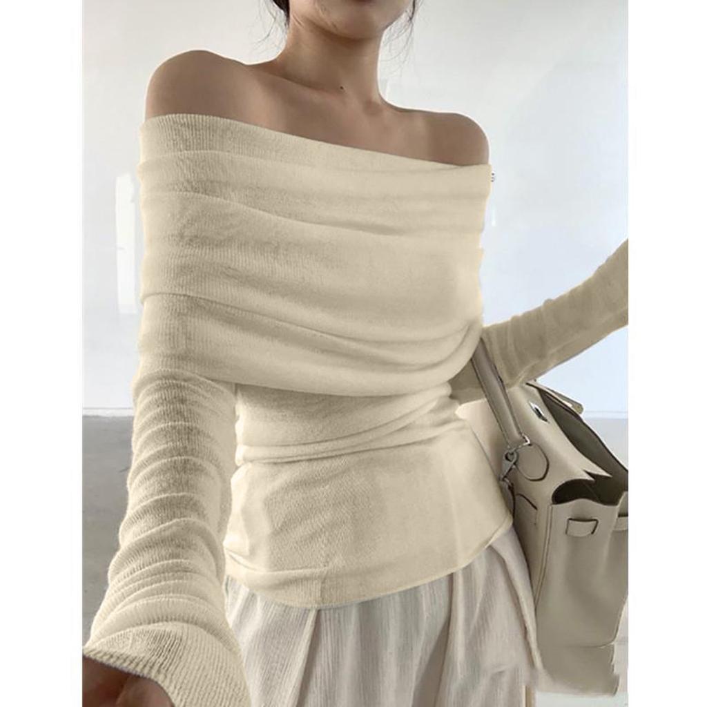 Suéter feminino de malha com ombro de fora, de cor sólida, slim fit, manga comprida, linha francesa