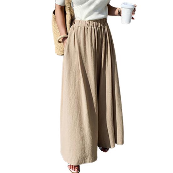 

Women Pants Solid Color Side Pockets Temperament Elastic Waist Wide Leg Trousers Streetwear світло-бежевого кольору