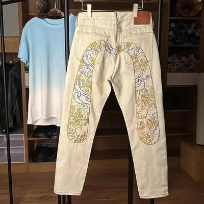 ZYLLO Male Cowboy Pants Embroidery Trousers Straight Beige Jeans for Men Graphic Stacked Fashion Y2k Vintare Aesthetic Loose Pants
