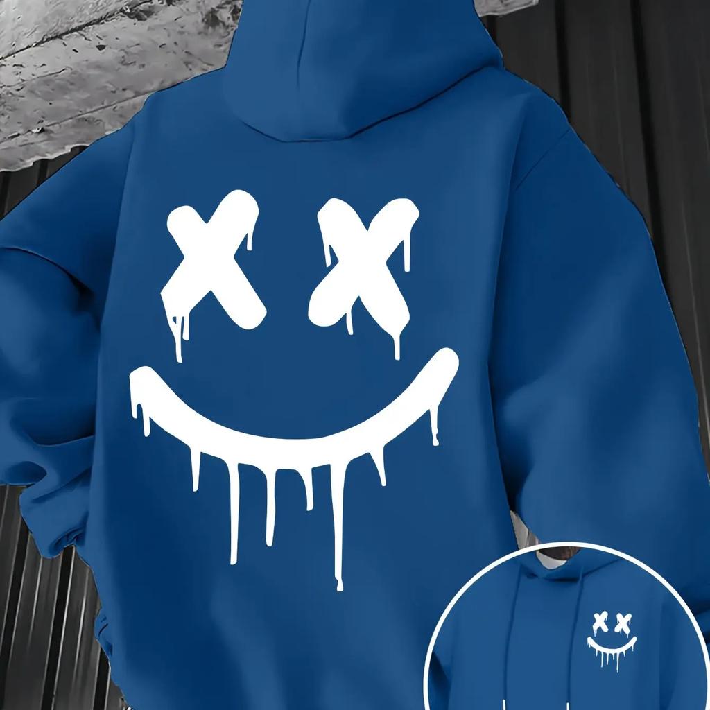 Smiley Face Print Men's and Women's Autumn  Winter Trendy Printed Hooded Fleece Sweatshirt Front and Back Printed Casual Hoodie