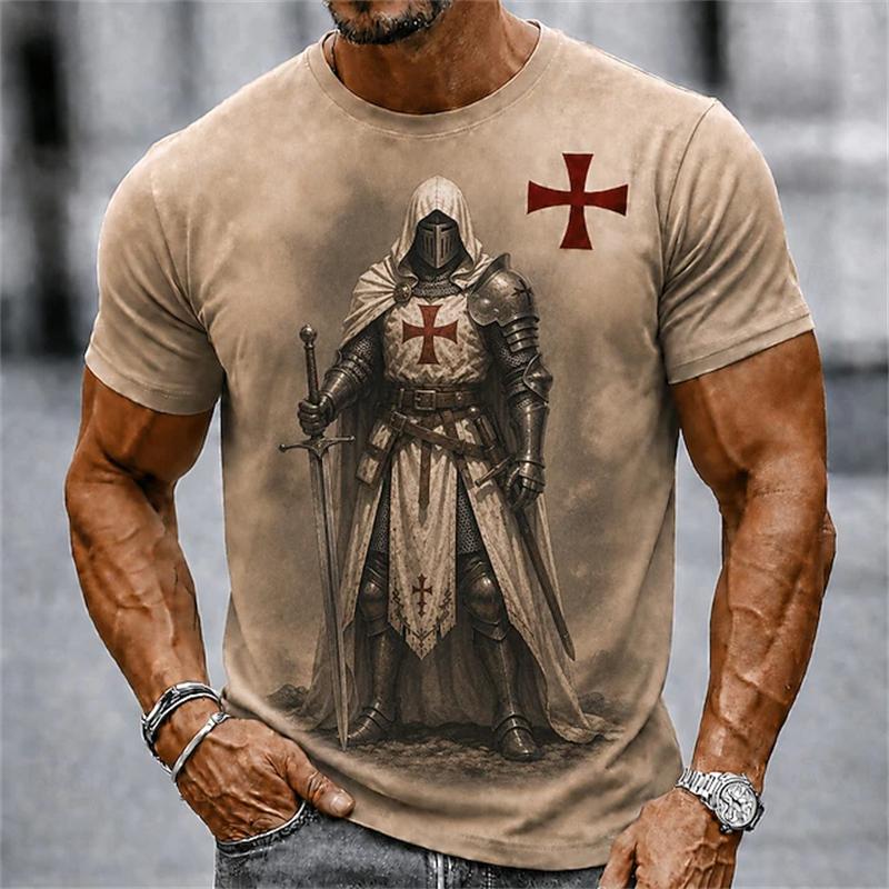 2026 Sommer Retro Herren Templer Kreuzritter T-Shirt Kurzarm T-Shirt 3D-Druck Rundhals Religiöser Stil Festliches Outfit