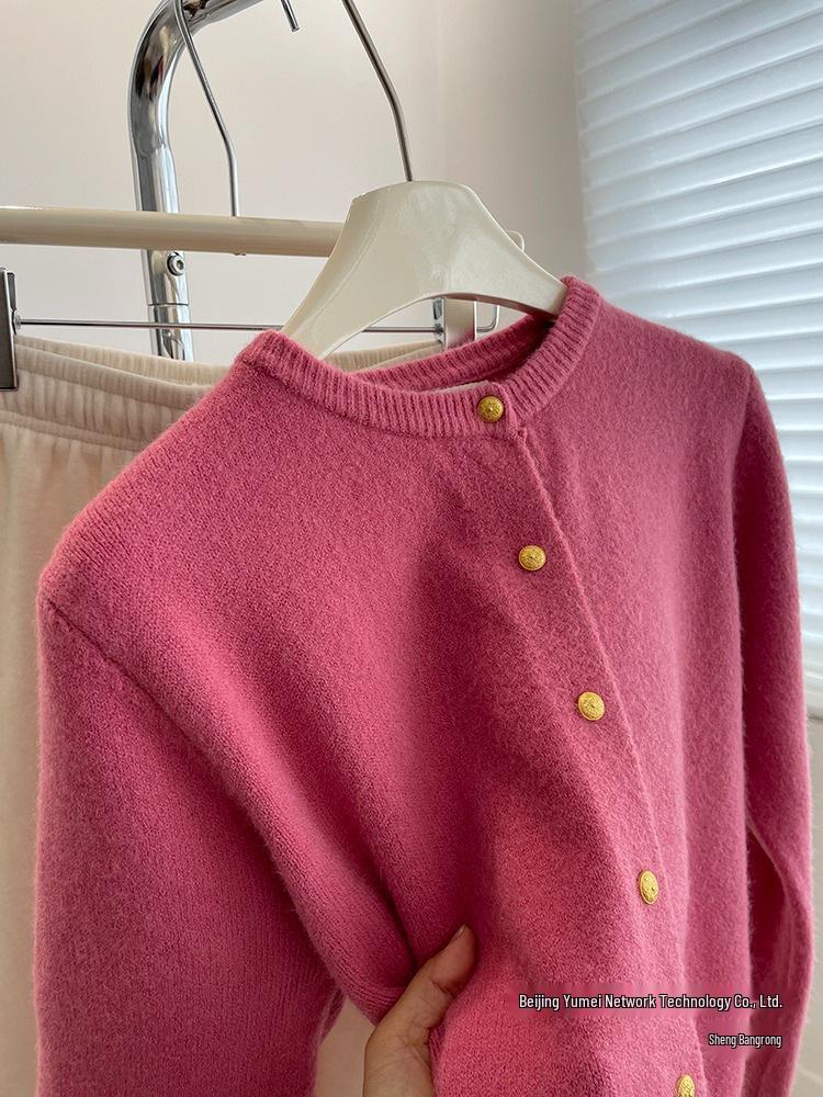 Whitening Raspberry Pink Gold Button Knit Cardigan - Women's Autumn/Winter Korean Style, Soft, Thick, Warm, Round Neck Wool.