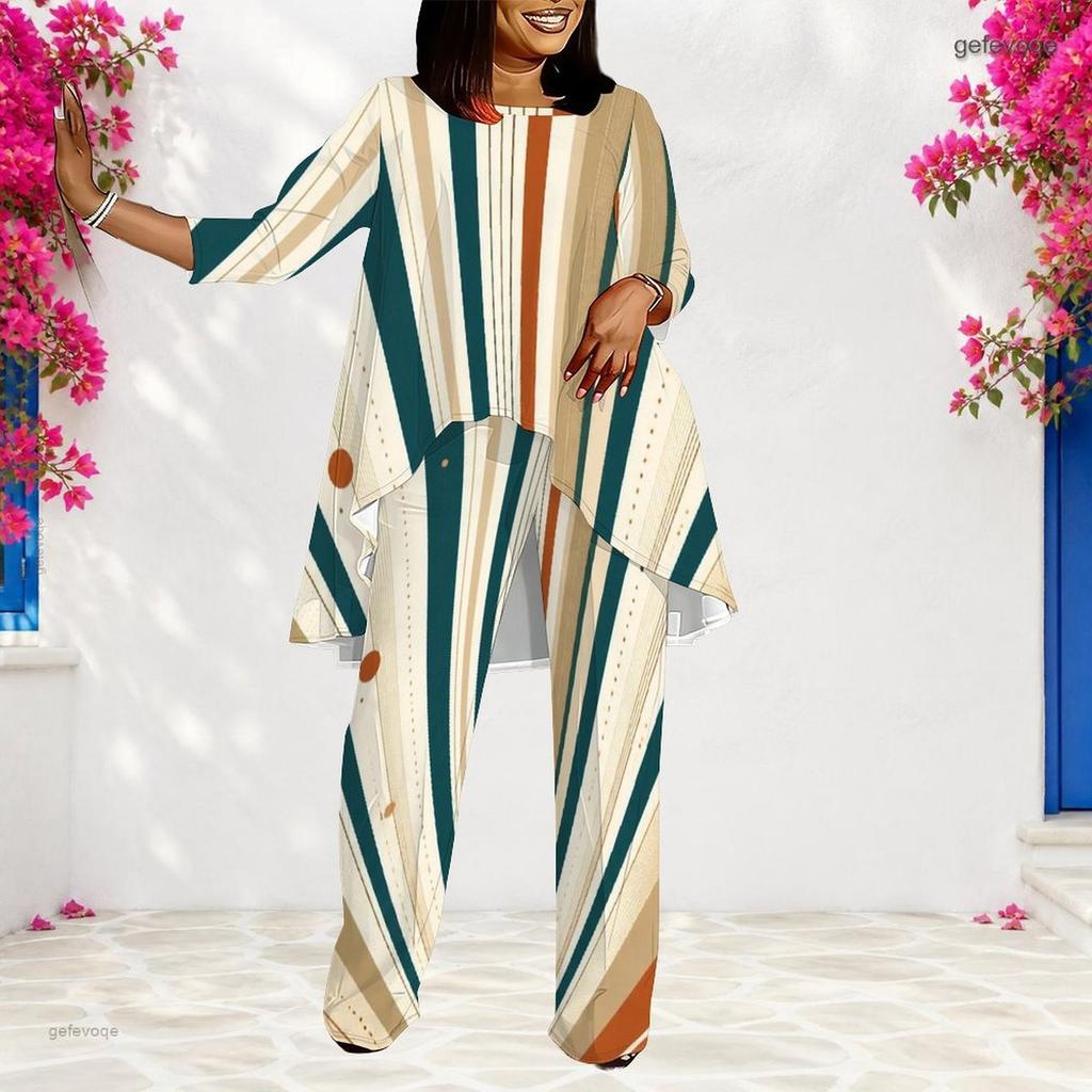 Women Plus Size Beige Dark Green Printed Round Neck Three Quarter Sleeve Asymmetrical Top Long Pants Two Piece Set