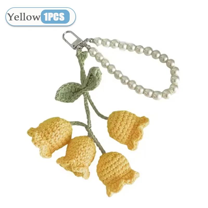 1-20PCS Creative Wool Crocheted Bolling Orchid Key Ring Ins Cute Girl Pearl Chain Key Chain Handmade Knitted Bag Pendant Gifts