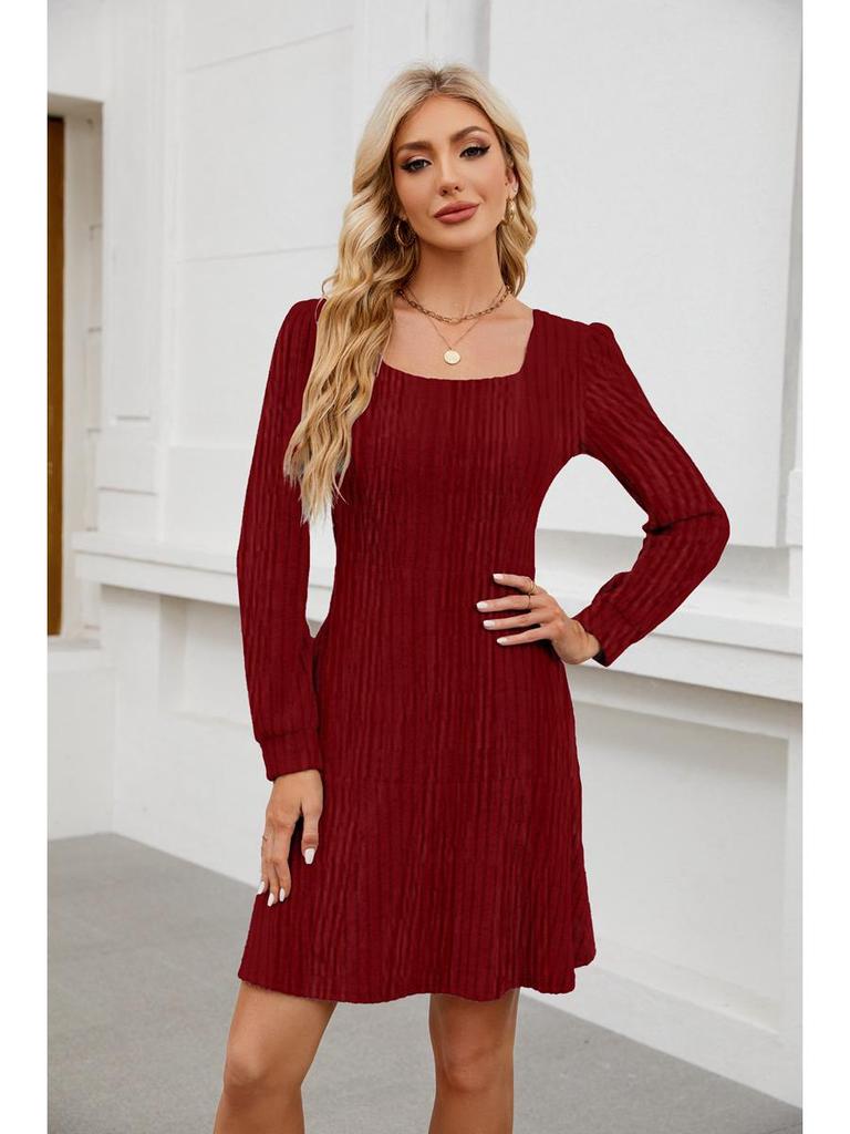 2026 Trendy Women's Square Neck Lantern Sleeve Babydoll Dress with Pockets
