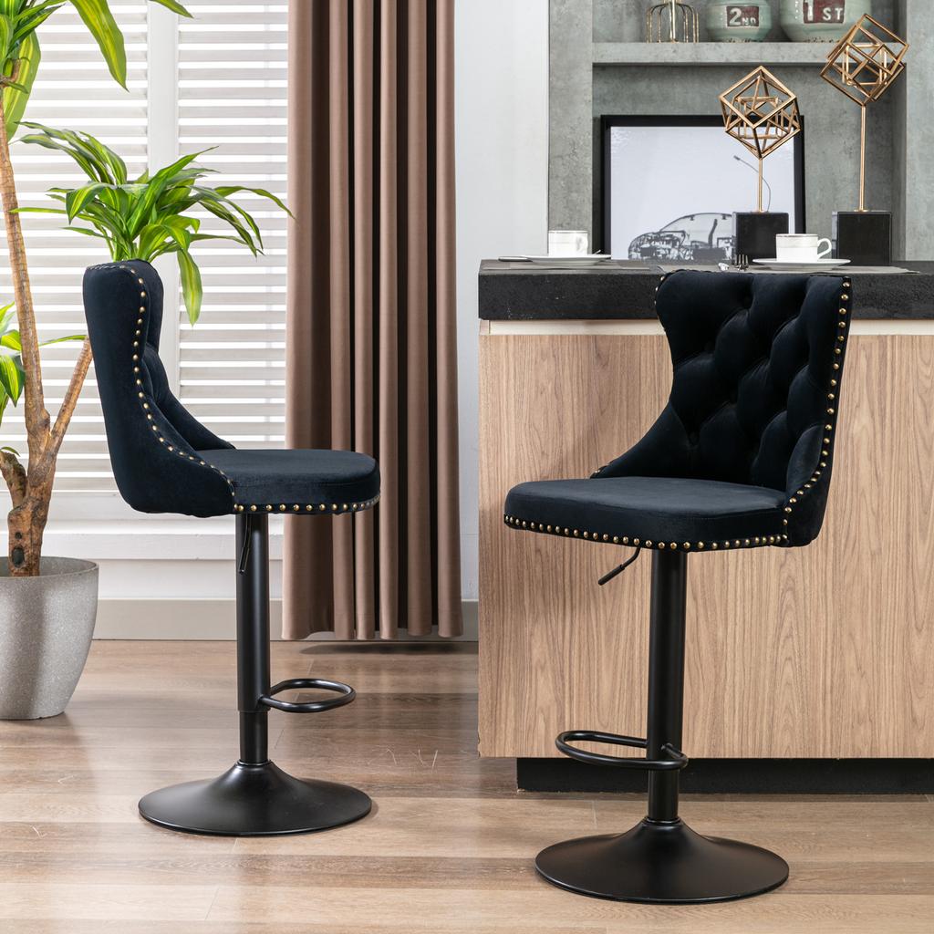 Black Set Of 2 Furniture Swivel Velvet Barstools Adjusatble Seat Height 25-33 Inch Modern Bar Stools For Home Pub Kitchen Island