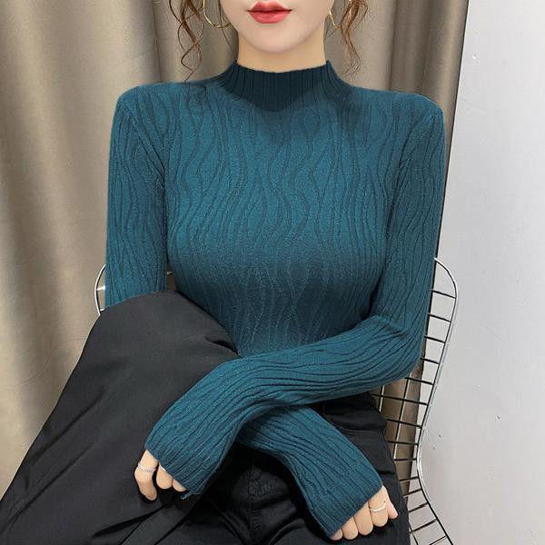 Autumn/Winter Women's Slim Fit Long-Sleeve Knitted Sweater with Semi-High Collar