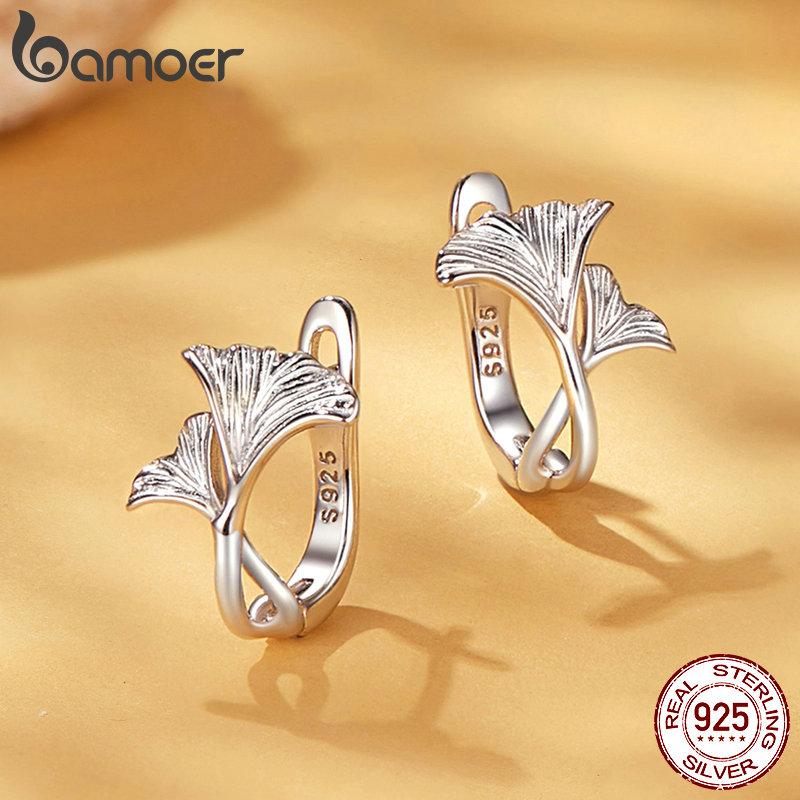 BAMOER Solid 925 Sterling Silver Ginkgo Leaf Hoop Earrings for Women Teens Small Hoop Earrings Pretty Flowers Huggie Jewelry