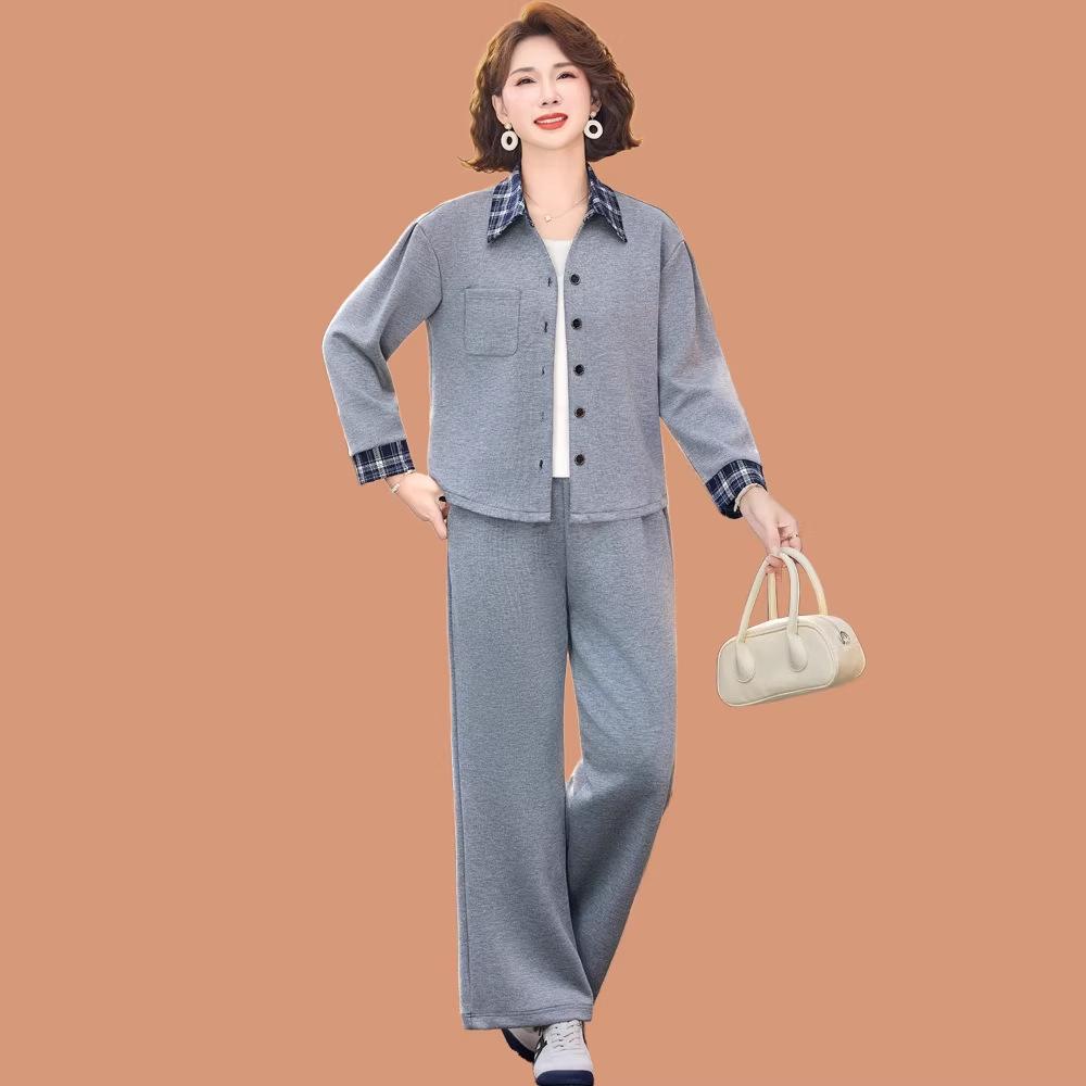 Mom's Spring Casual Korean Style Two-Piece Suit: Fashionable Age-Reducing Shirt and Jacket Set for Middle-Aged & Elderly Women