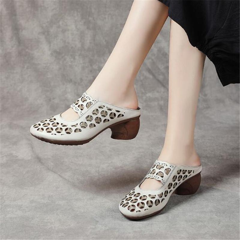 Summer New Genuine Leather Slippers Women's Retro Ethnic Style Thick Wedges Shoe Fish Mouth Mom Slippers Women Hollow Sandals