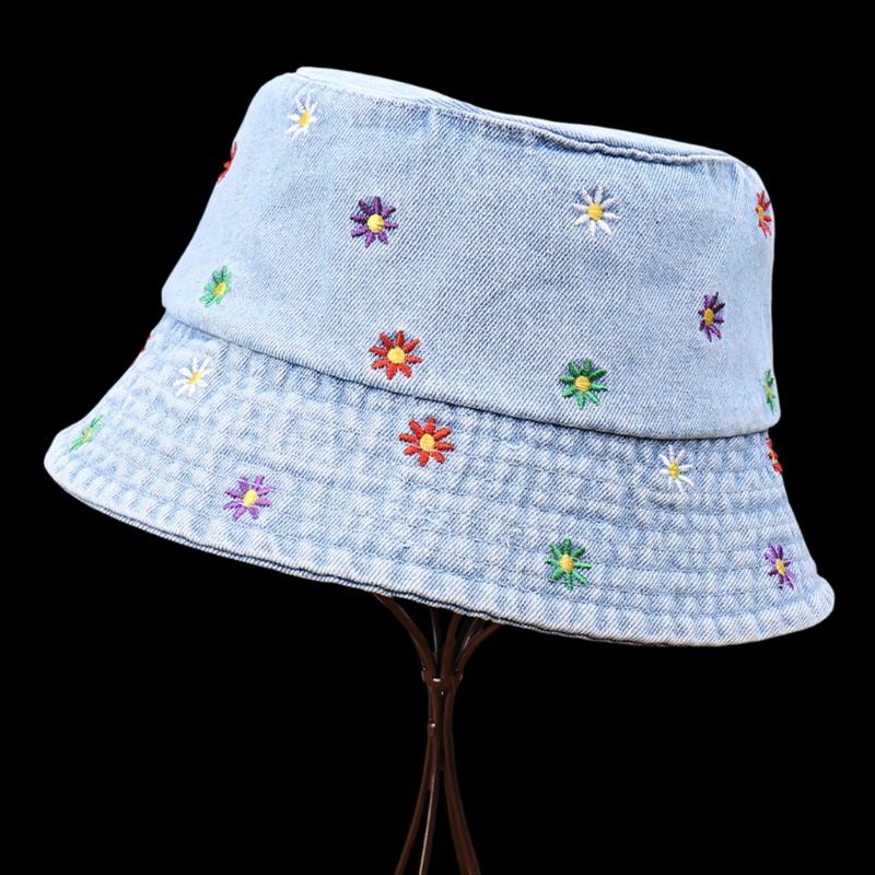Stylish Jeans Flower Pattern Bucket Hat Extended Edge Shade Guard Unisex Warm Season Shore Hat for Various Occasion