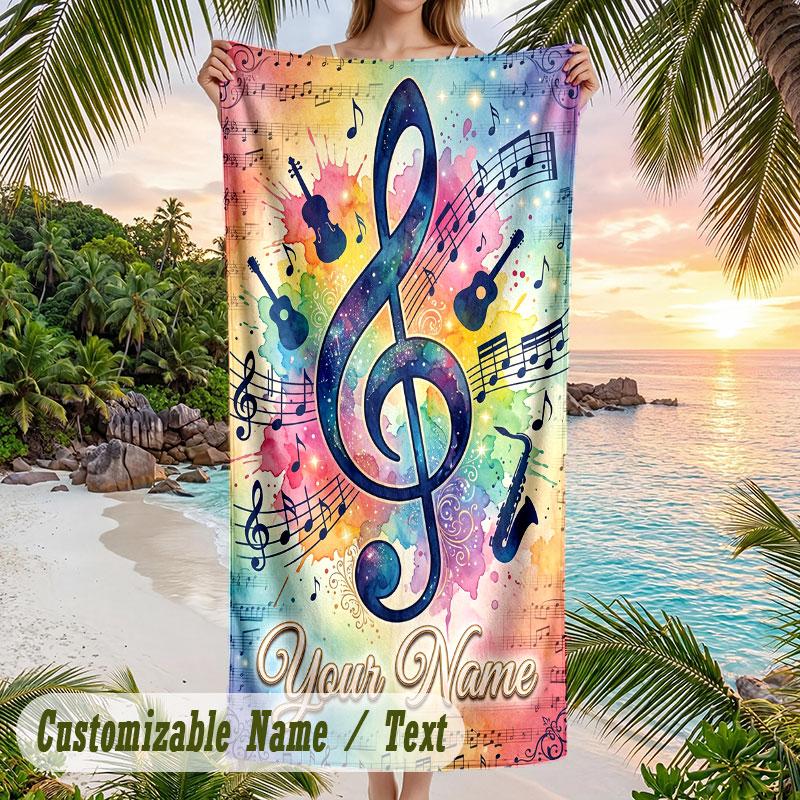 Music Nature Harmony Theme Quick Dry Beach Towel Custom Name Text Print Large Sand Resistant Towel Beach Vacation