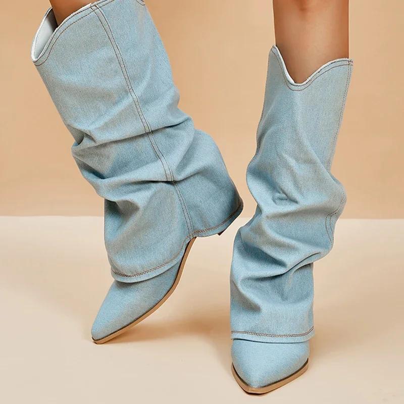 Fashion Pleated Block Heels Denim Boots for Women 2025 Autumn Pointed Toe Women High Knee Boots Plus Size Fashion Cowboy Woman Boots